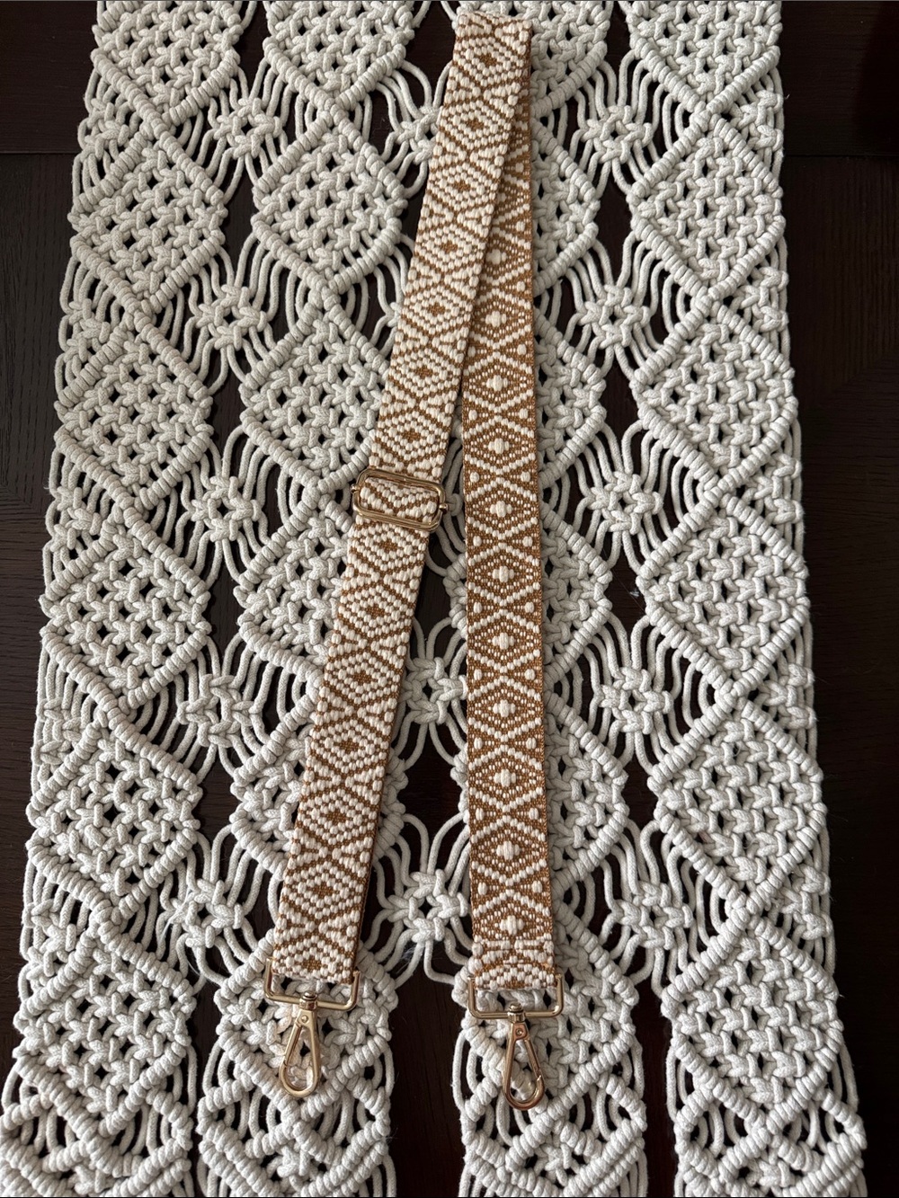 Brown & Cream Woven Adjustable Bag Strap with Gold Hardware